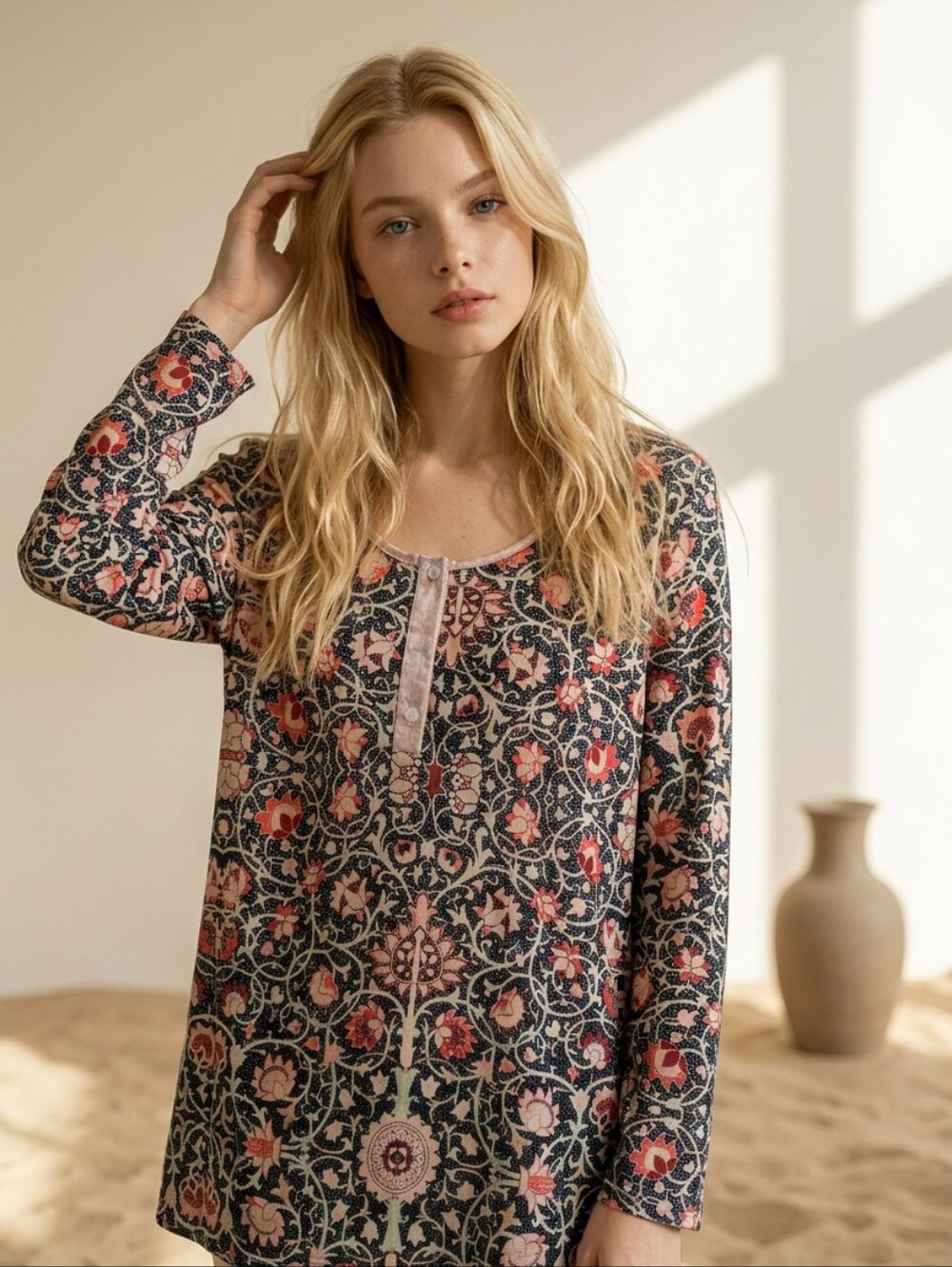 Floral Henley Long-Sleeve Sleep Top in Black and Pink